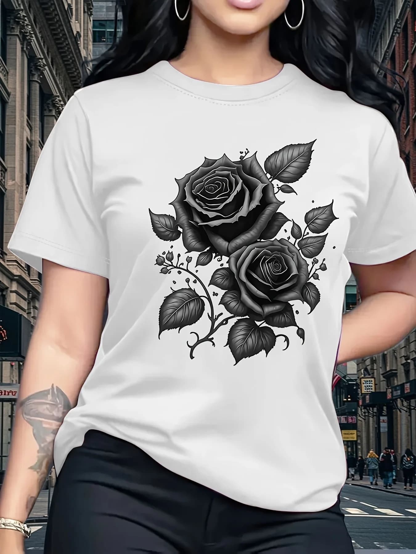 T-shirt à imprimé rose pour femme, col rond, design simple, polyvalent, adapté aux loisirs quotidien