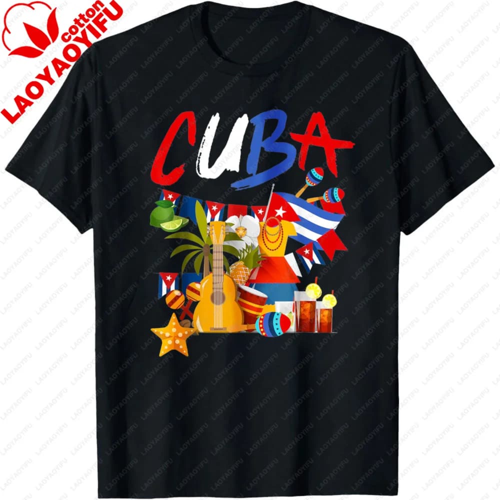 T-shirt graphique drapeau cubain, symboles de la culture cubaine, guitare, hauts décontractés d'été 
