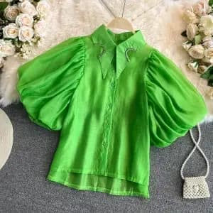 Neploe – chemisier à manches courtes bouffantes et col rabattu pour Femme, Blouse de couleur bonbon,