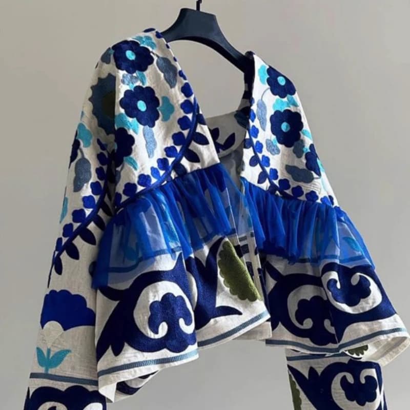 Cardigan ouvert brodé bleu pour femme, collection Printemps Précoce, élégant et unique, idéal pour l
