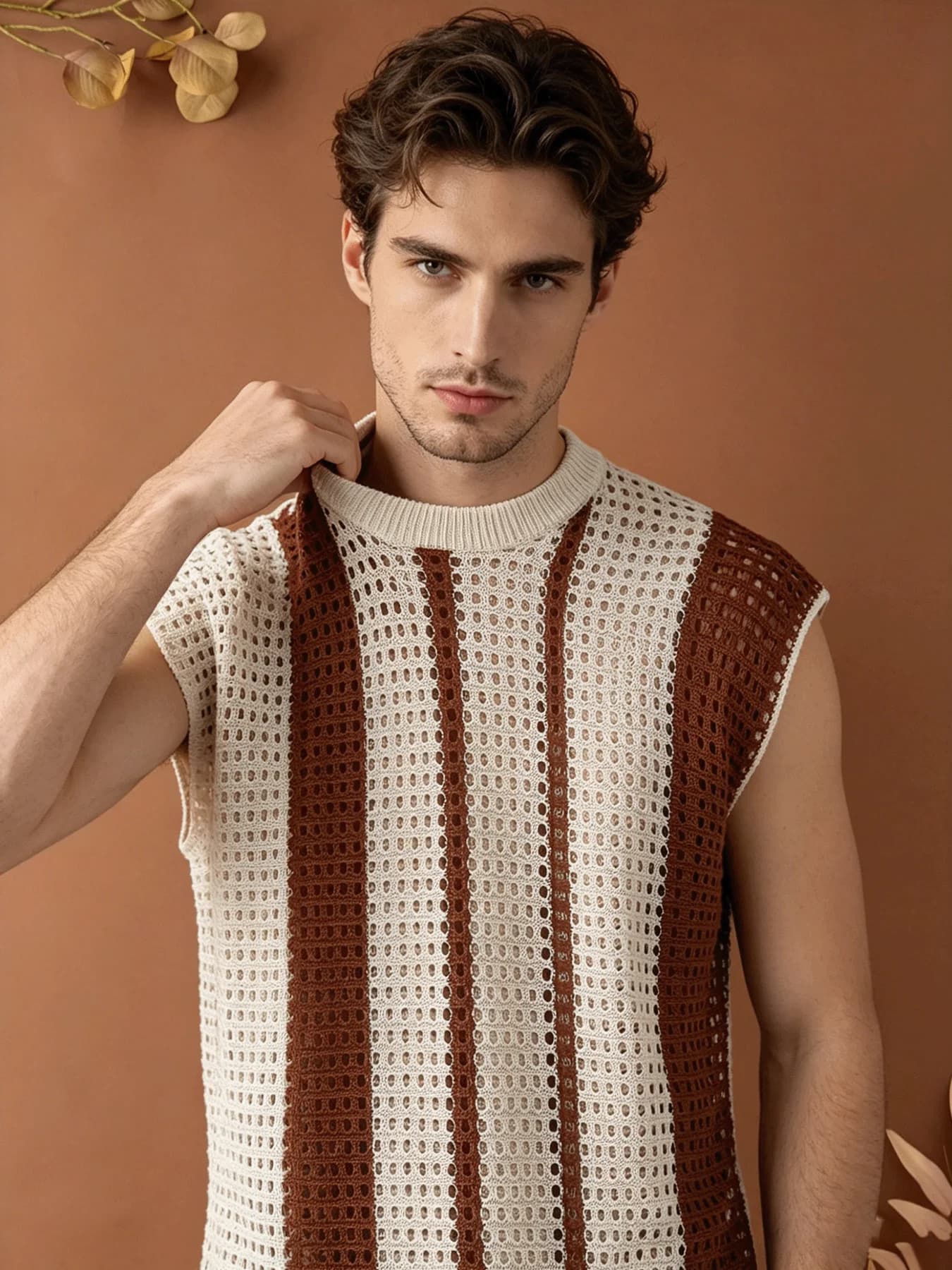 Gilet tricoté ajouré rayé sans manches pour homme, décontracté et ample, style débardeur, pour l'été