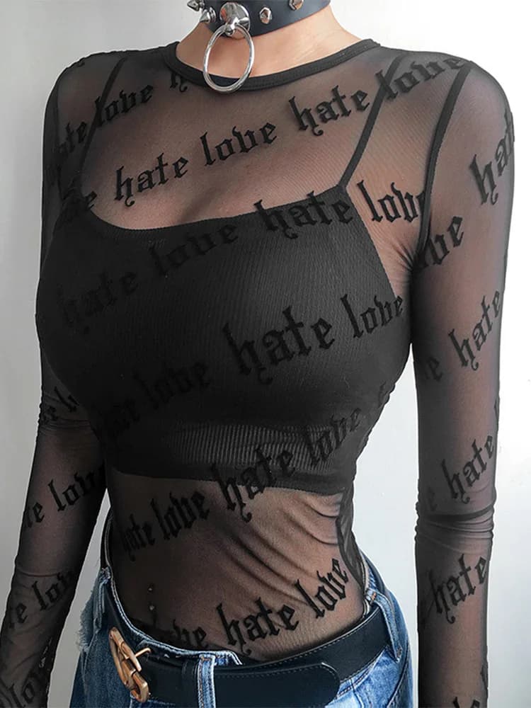 Femmes Sexy maille T-Shirts Transparent Perspective t-shirt lettre imprimée col rond Transparent à m