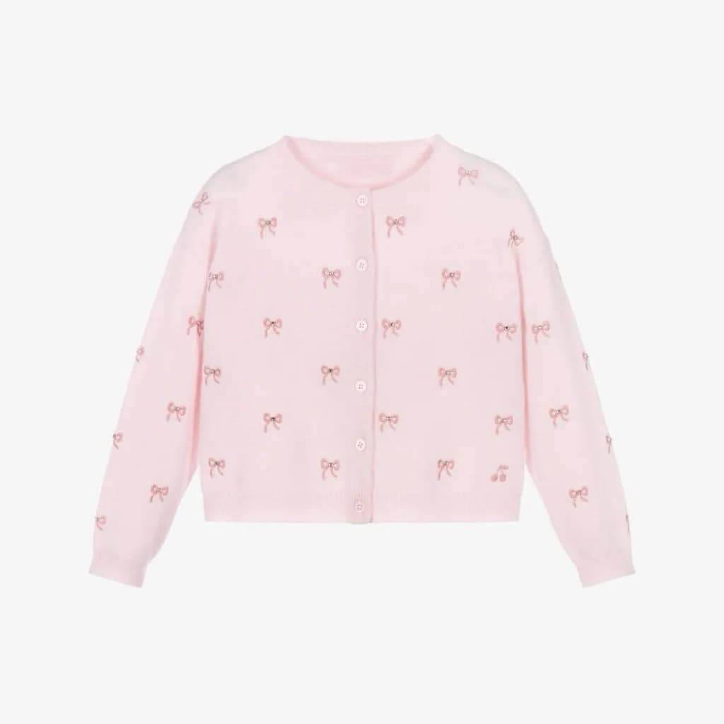 Cardigan en tricot brodé avec nœud rose pour enfants filles, pull doux, veste d'extérieur, manteau m