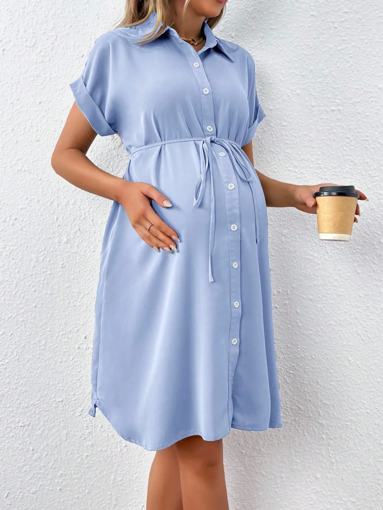 Robe élégante unie pour femmes enceintes, à manches courtes, col à revers, style chemise, vêtements 