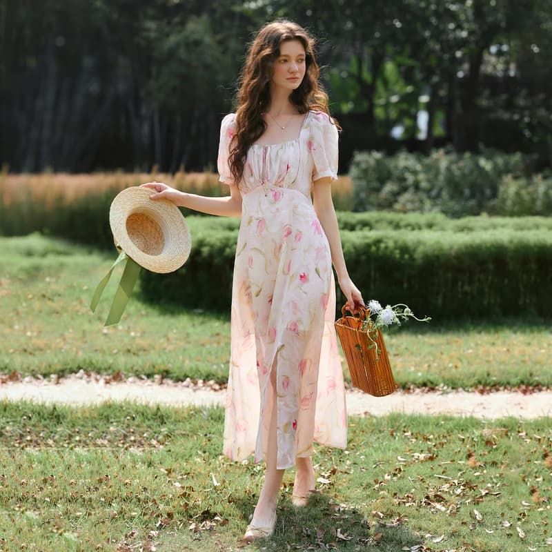 Robe longue d'été OLrain en mousseline florale pour femme 2026 – Élégante, ajustée, à manches courte