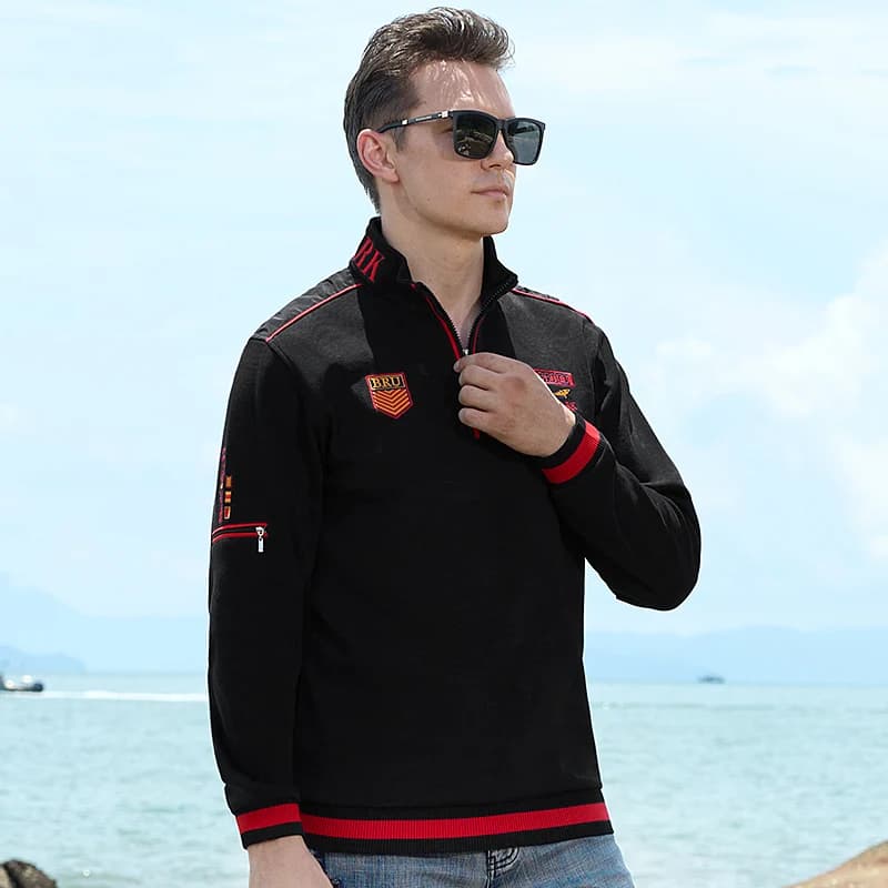 Pull à col montant à fermeture éclair brodée pour hommes, chemise de base en coton optique, manteau 