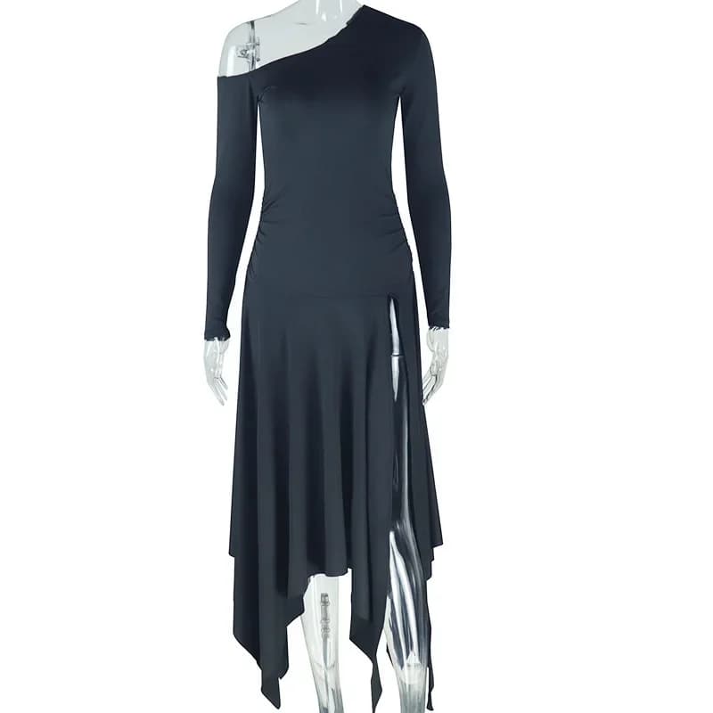 Robe asymétrique à col diagonal et manches longues pour femme, plissée, taille haute, couleur unie