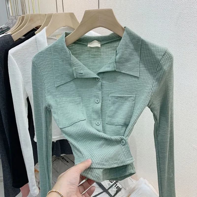 T-shirt à manches longues et col fileté européen pour femmes, Slim, Station européenne, Cardigan, ch