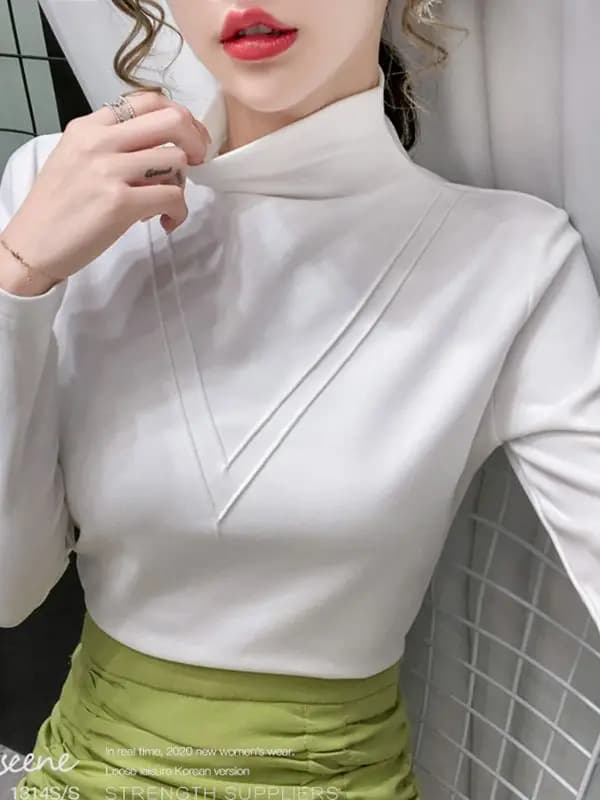 T-shirt col roulé slim fit en coton pour femme, modèle 2026, t-shirt épais à manches longues, hauts 