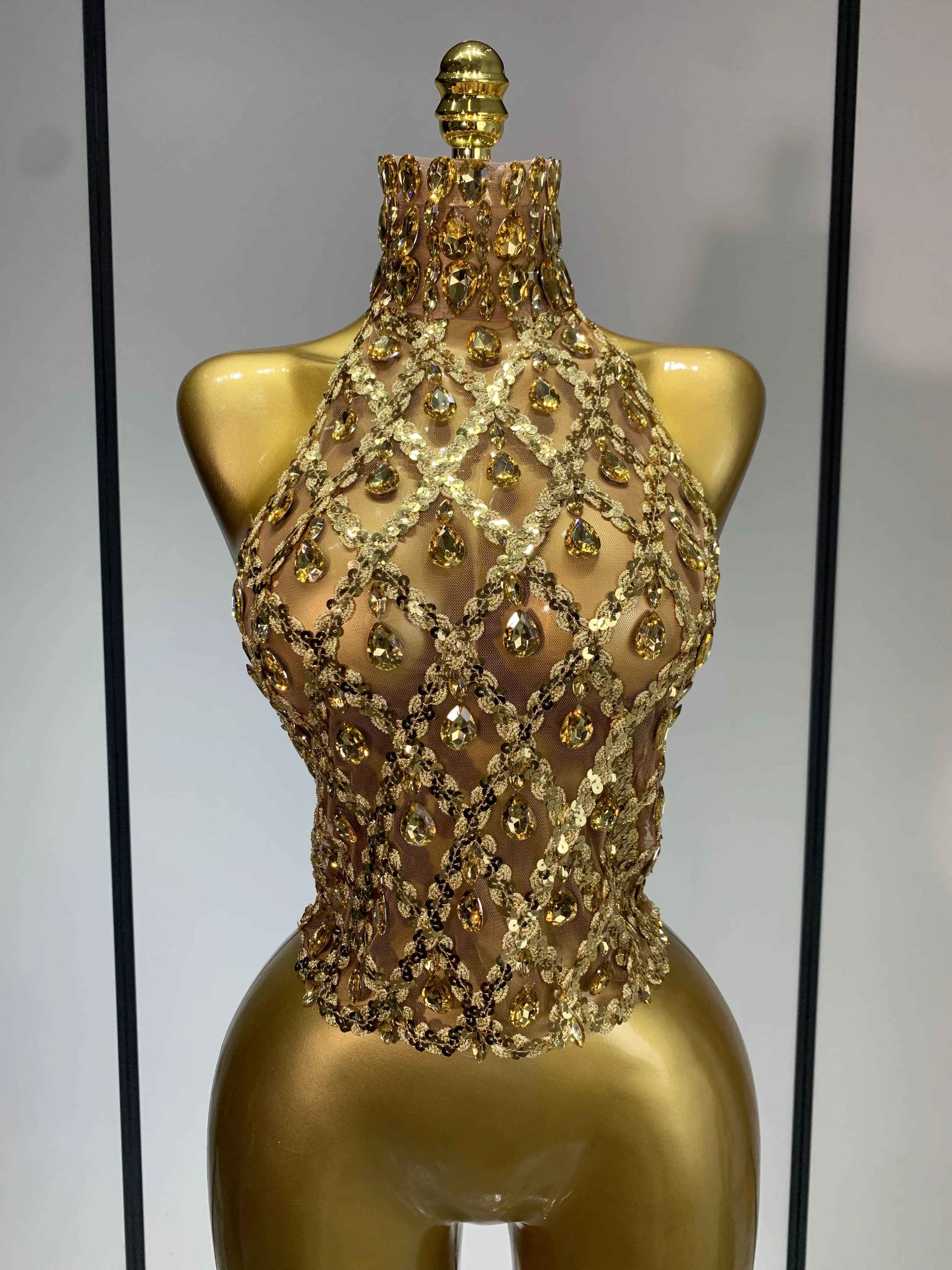 Haut transparent en maille à paillettes et strass scintillants pour femmes, Sexy, boîte de nuit, soi
