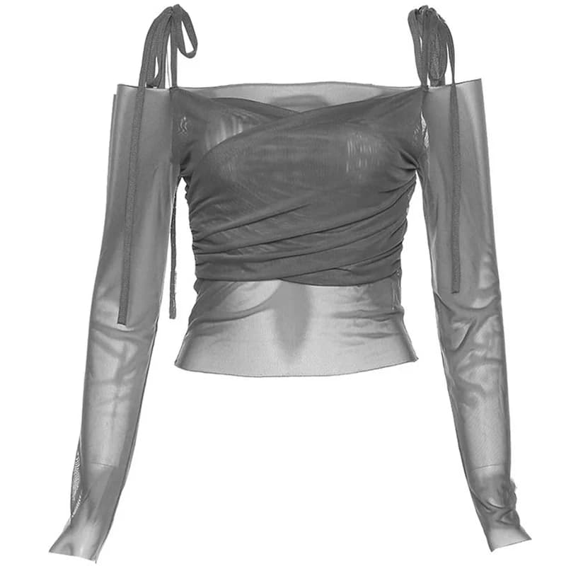 Haut court à col incliné pour femmes, couleur unie, sexy, épaules dénudées, à lacets, manches longue