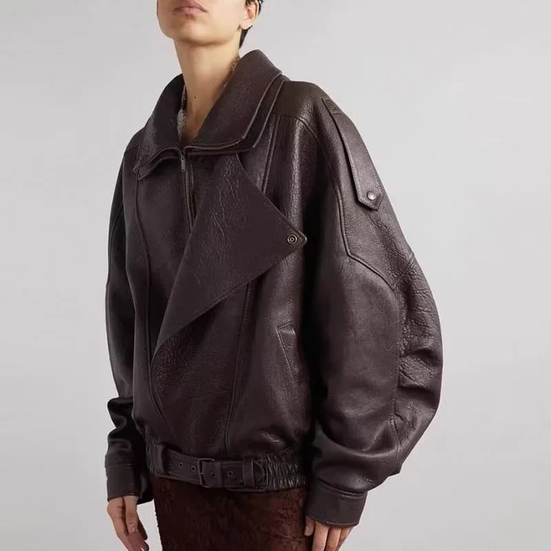 Veste en cuir PU avec ceinture asymétrique pour femme, manteau ample avec col à revers et fermeture 