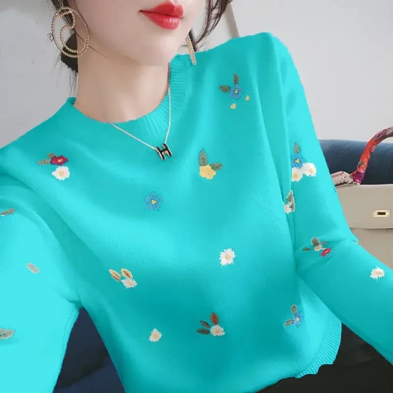 Pull ras du cou brodé pour femme, pull élégant, petit pull, haut brodé, sous-vêtement, mode printemp