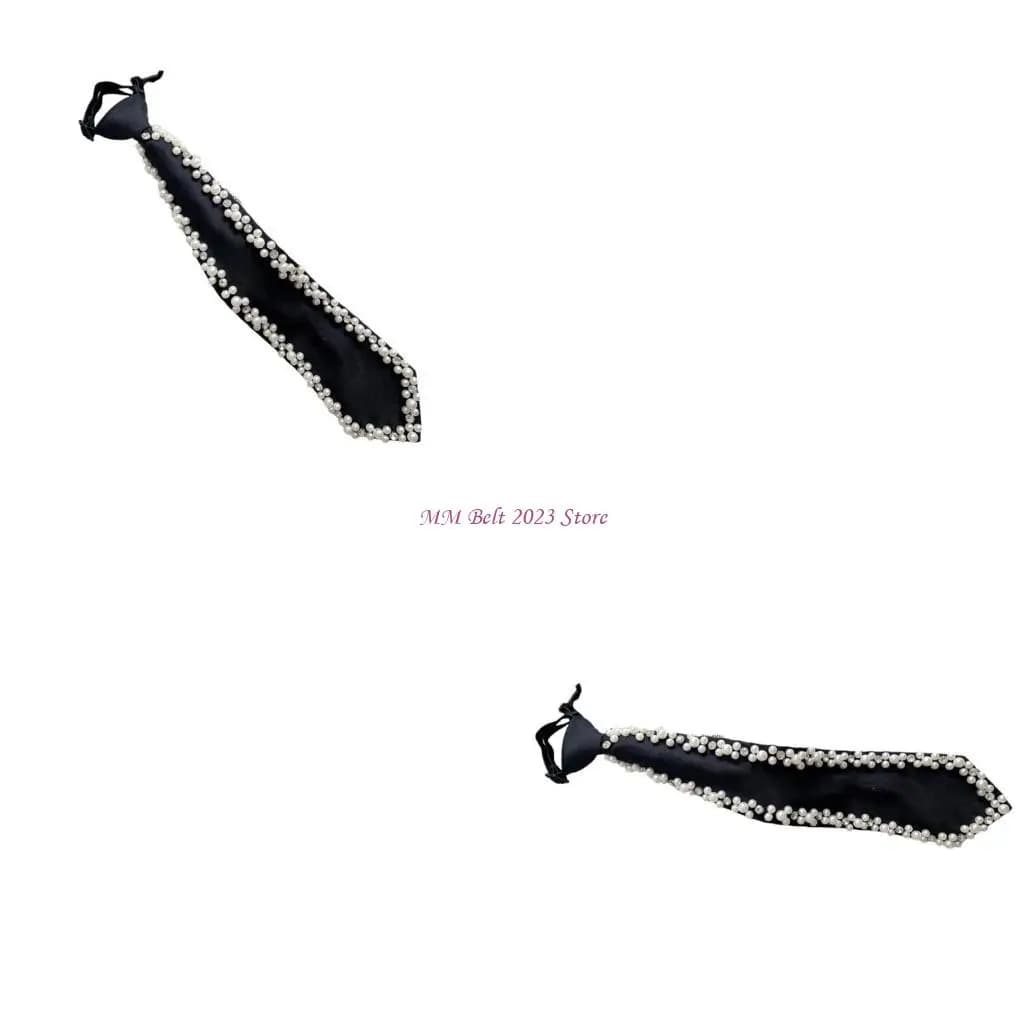 49ME – cravate cou en soie pré-nouée, longueur réglable, avec perles embellissement, noire, pour hom