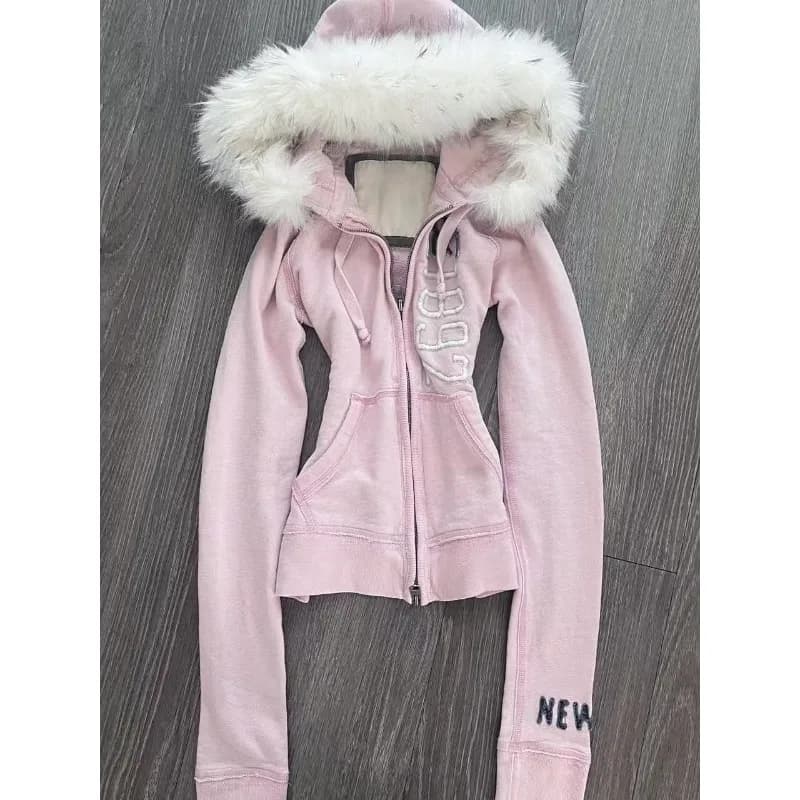 Sweat à capuche en fausse fourrure rose pour femmes, Vintage américain Y2K Harajuku, veste à col en 