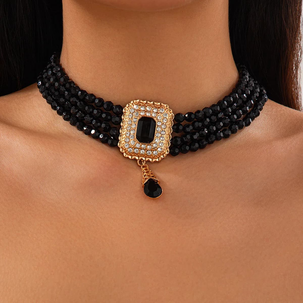 Chaîne de collier ras du cou en perles de cristal royal vintage - Chaîne de clavicule rétro carrée e