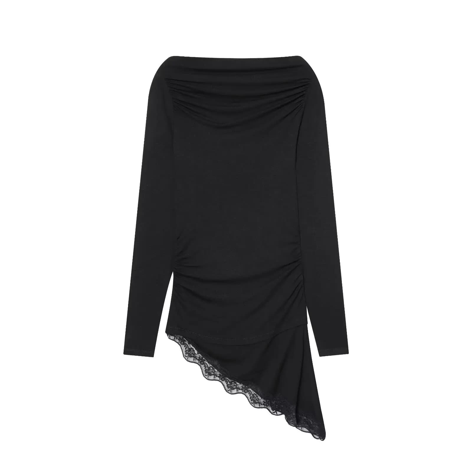 HH femme élégant col bateau ourlet asymétrique plis dentelle décoration manches longues pull haut fe