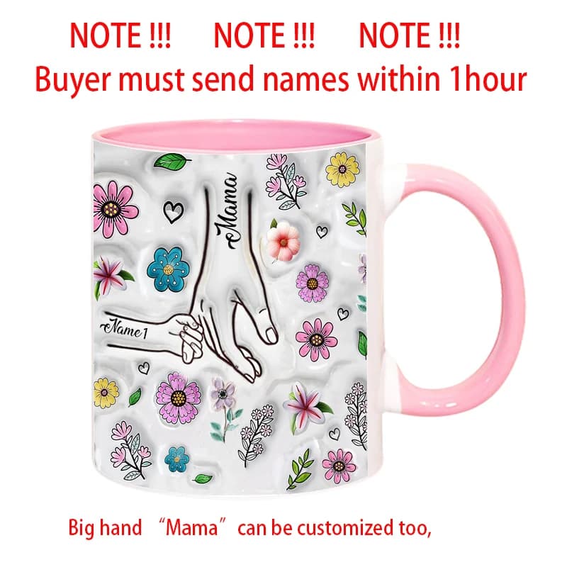 Tasse personnalisée avec noms d'enfants, impression d'effet 3D avec tasse de fleurs tenant la main, 