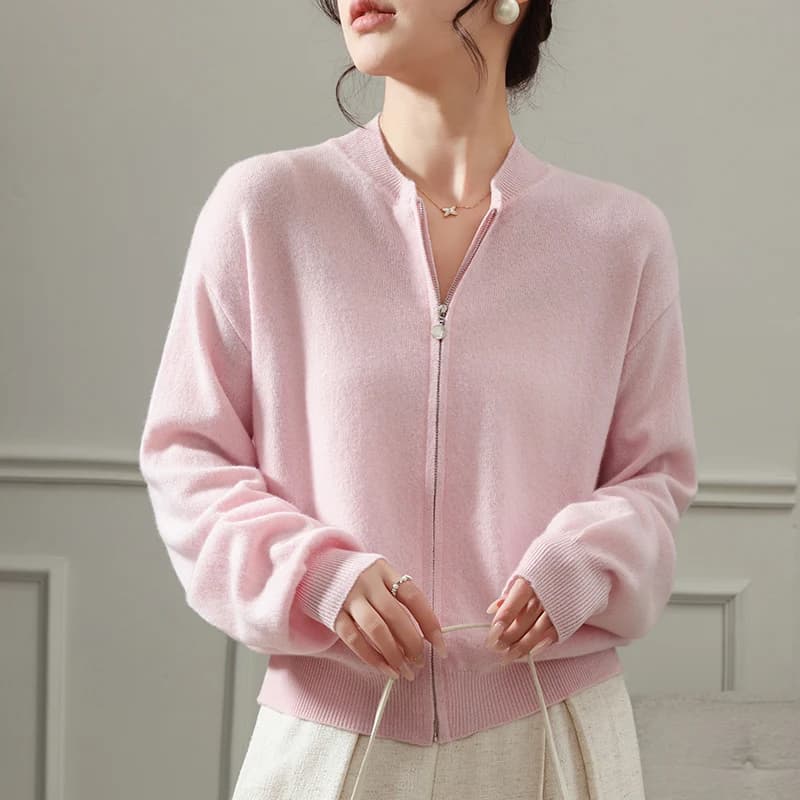 Pull à fermeture éclair pour femme, 100% laine mérinos, col rond, manches longues, manteau Cardigan,