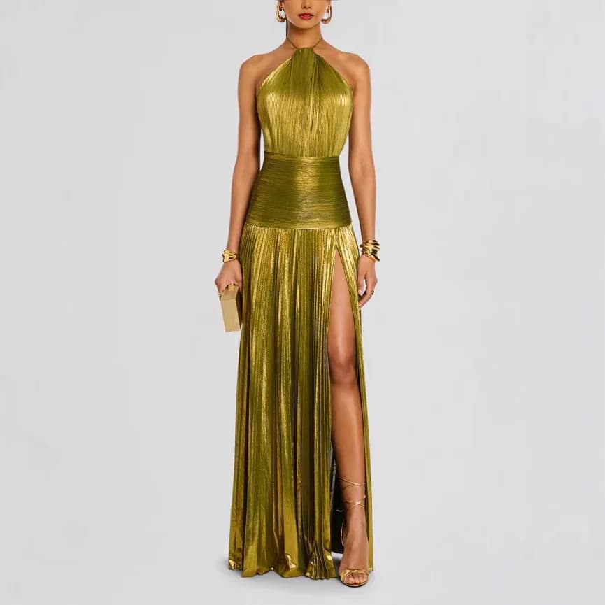 Robe de soirée dorée à col licou pour femme, chic, couleur unie, plissée, dos nu, avec fente latéral