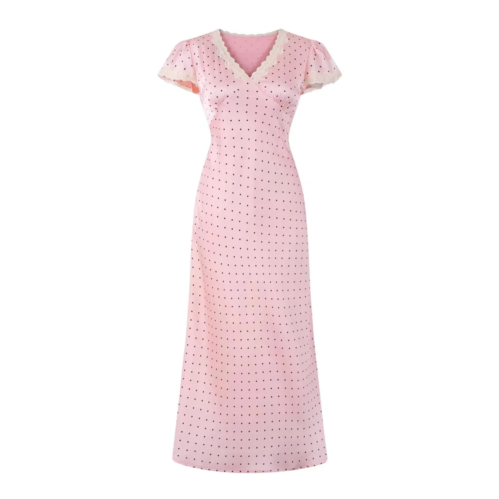 Robe MIDI en dentelle pour femmes, col en v, manches courtes, soirée, imprimé à pois violets, été, 2