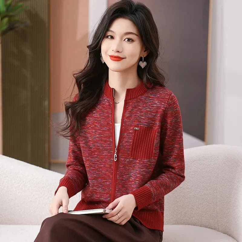 Cardigan en tricot à fermeture éclair pour mère, nouveau pull printemps-automne, grande taille, mant