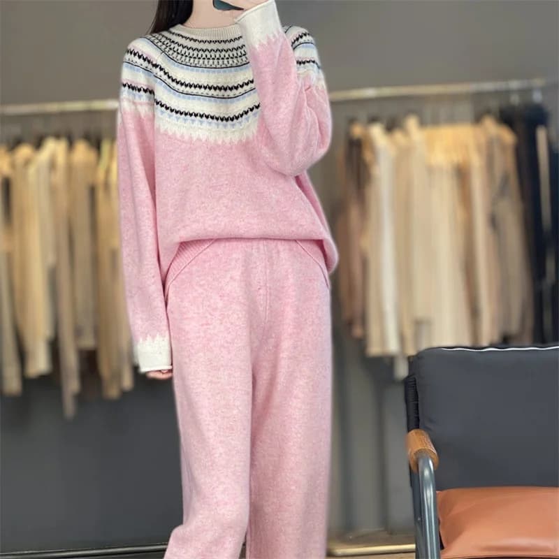 Pull en laine de fée épais à col rond, pantalon à jambes larges, deux pièces, ample, à la mode, auto