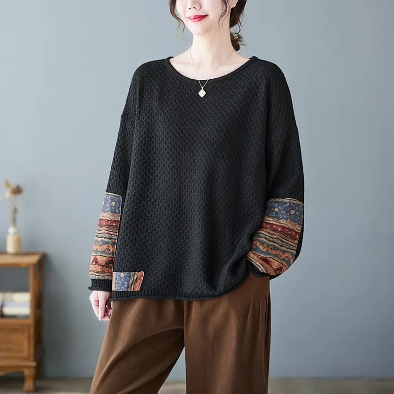 Pull patchwork vintage pour femmes, pull à col rond, tricots élégants pour femmes, mode décontractée