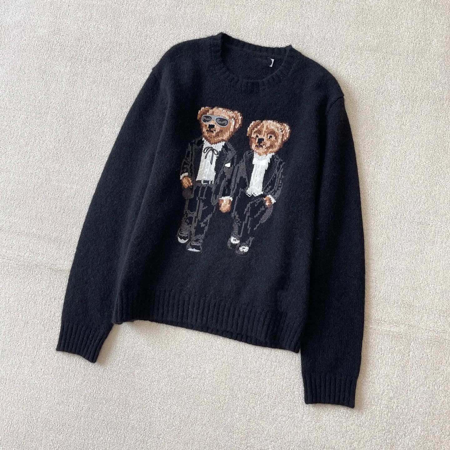 Pull tricoté ample à manches longues avec broderie ours, col rond, style décontracté, mode automne-h