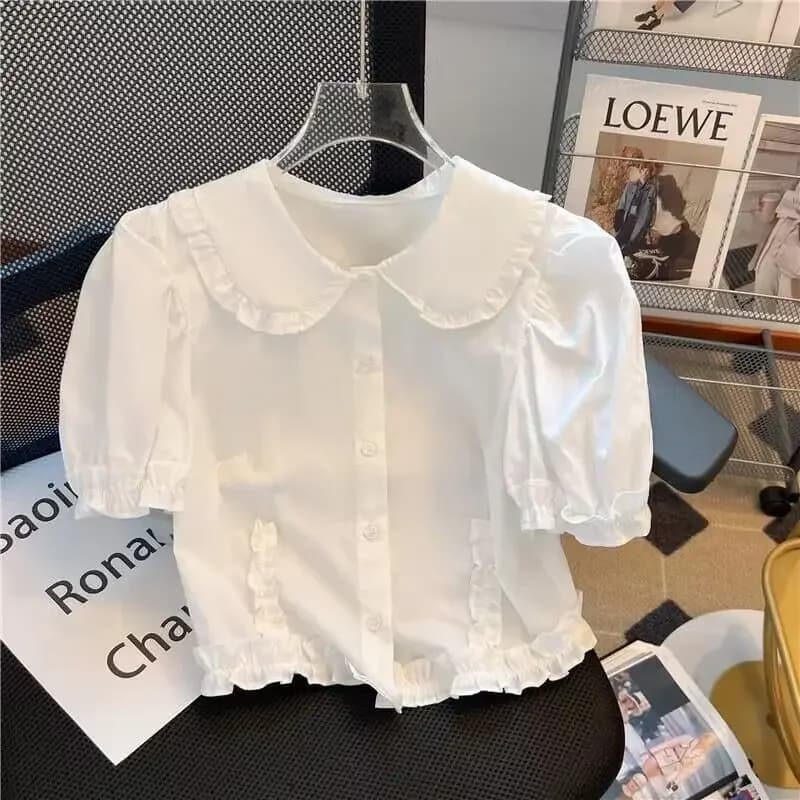 Vintage manches bouffantes col claudine Blouses 2025 été nouvelle chemise blanche femmes simple bout