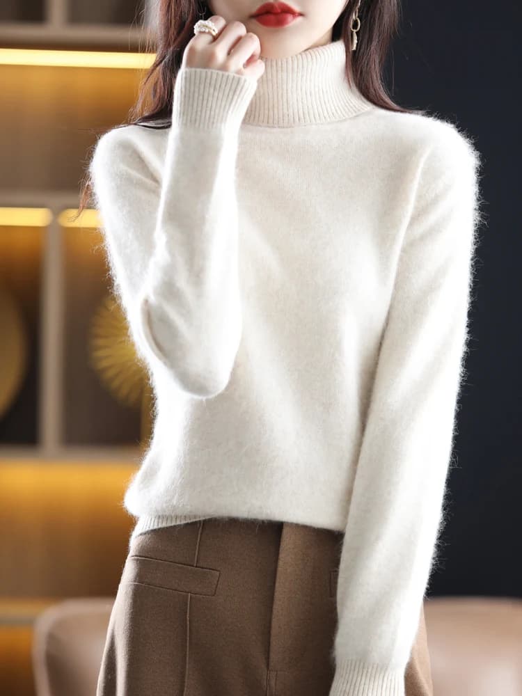 Pull à col roulé en cachemire de vison pour femme, pull à manches longues, haut tricoté, pull femme 