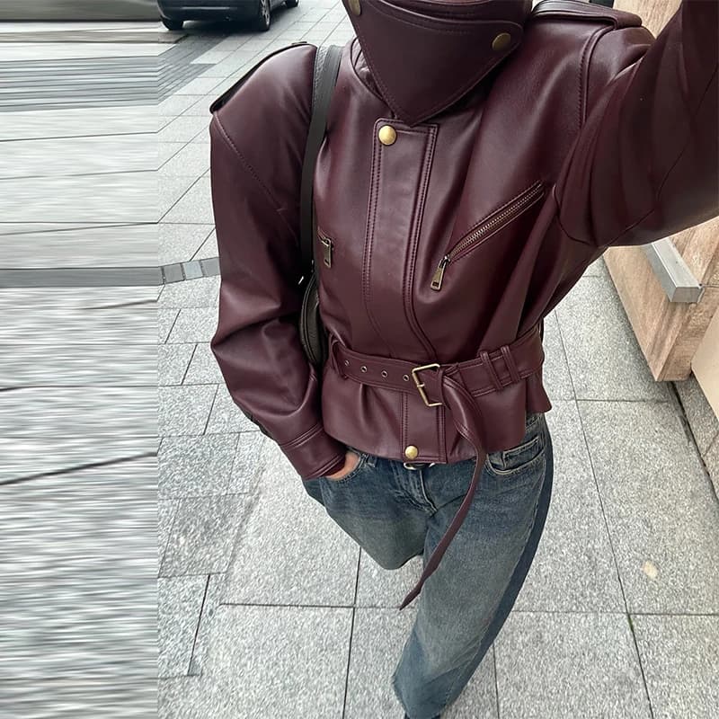 Veste en cuir Vintage élégante à col haut, manteau court exquis à taille cintrée, vêtements de rue e