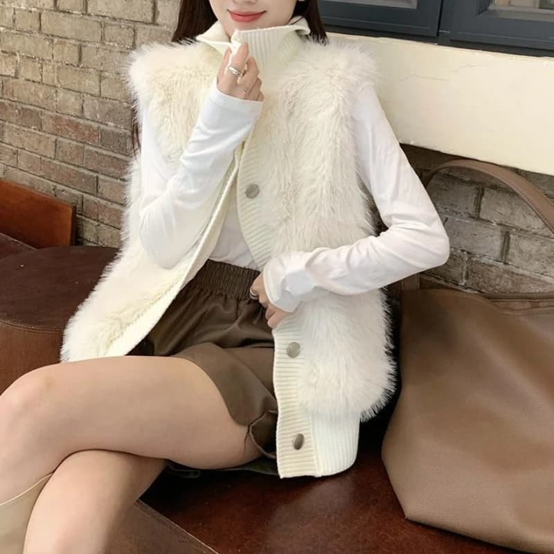 Pull sans manches en vison à col montant pour femme, veste d'automne et d'hiver, nouveau tempérament