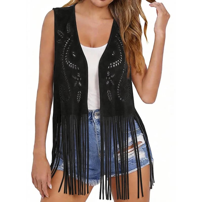 Gilet en daim à franges pour femme, sans manches, ouvert sur le devant, ajouré, style western cowboy