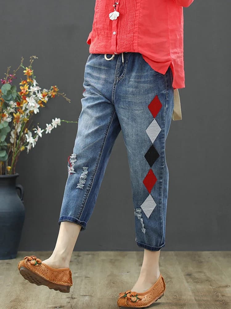 Amax luluE été femmes luxe broderie jean femmes mode Vintage déchiré Denim pantalon trous amples éla