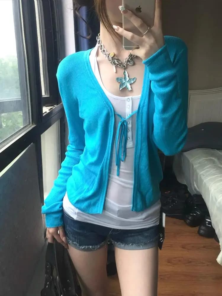 Genayooa Harajuku Cardigan à lacets femmes à manches longues bleu pull en tricot Y2k japonais Vintag