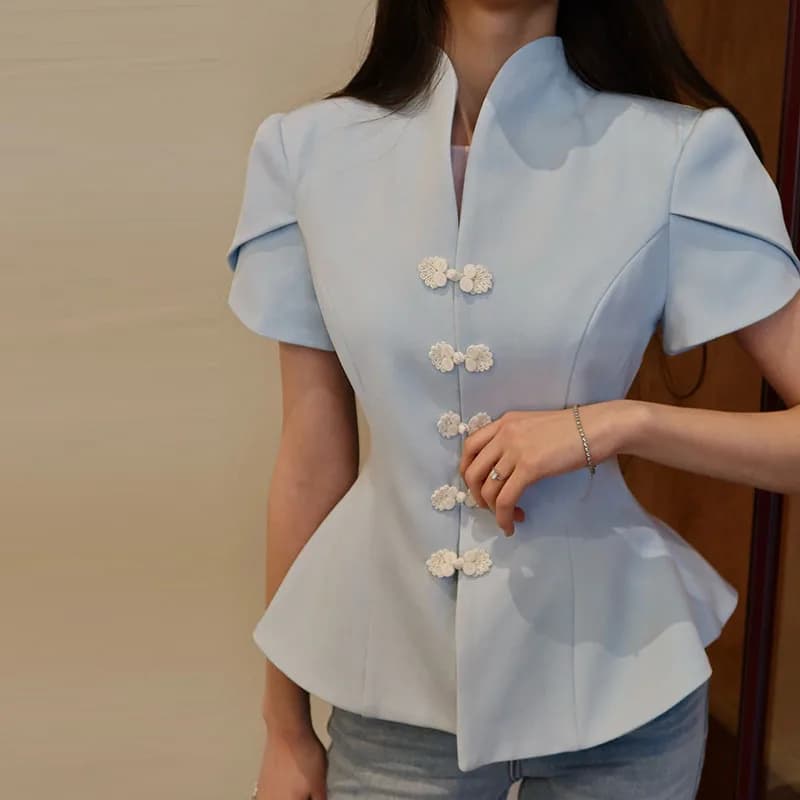 Blazer élégant pour femme, bleu, col montant, simple boutonnage, manches bouffantes, nouvelle collec