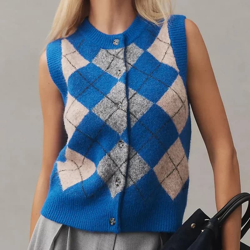 Vintage Y2k pull gilets pour femmes automne hiver mode Argyle cultures tricoté sans manches col rond