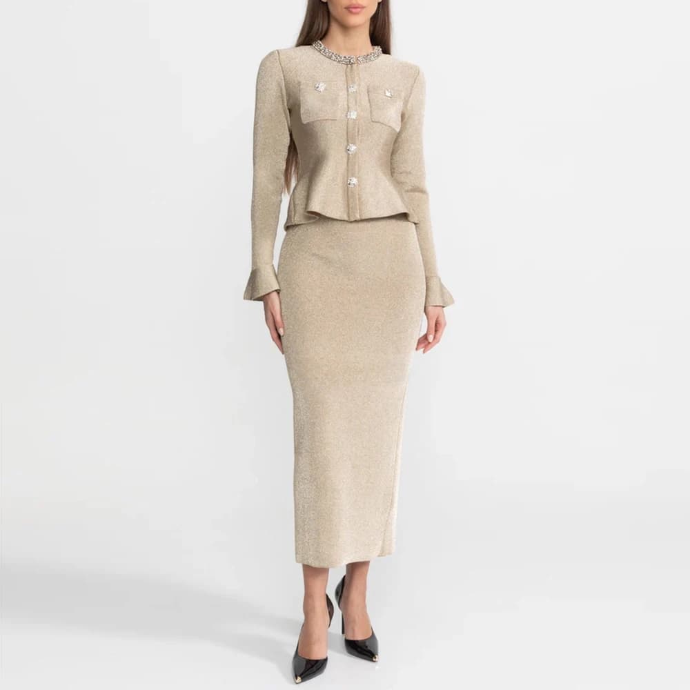 Robes midi en maille dorée chic et luxueuses VGH pour femmes, col en cristal, boutons perlés, poigne