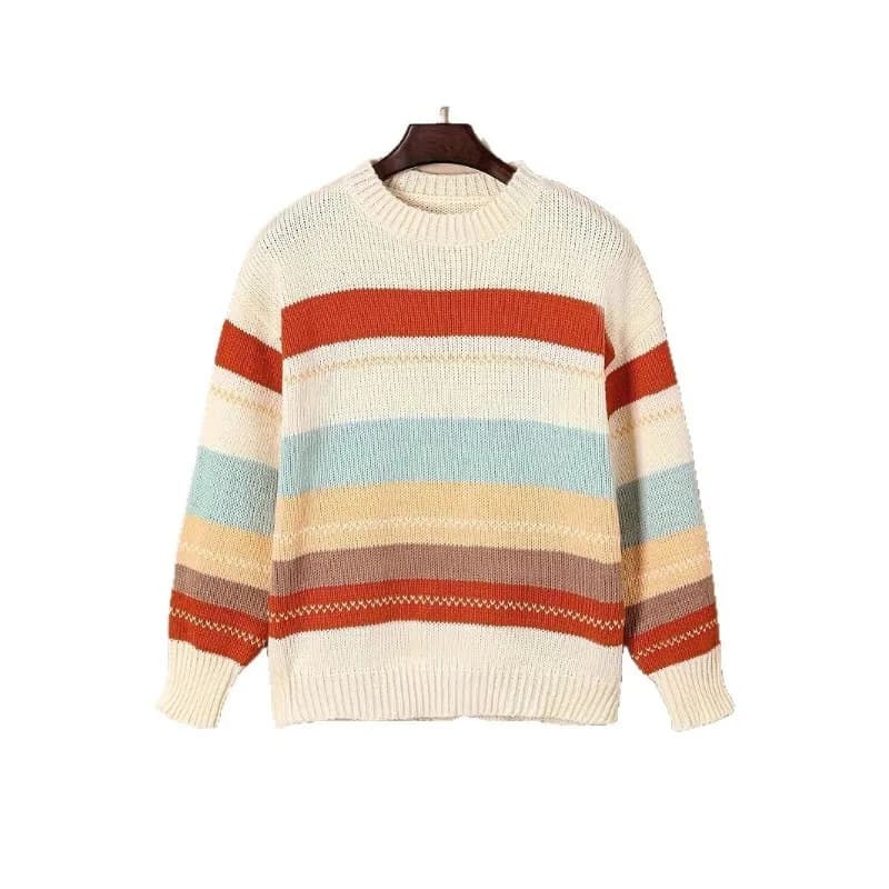Pull tricoté ample à col rond pour femme, avec rayures, blocage des couleurs et impression pour l'au