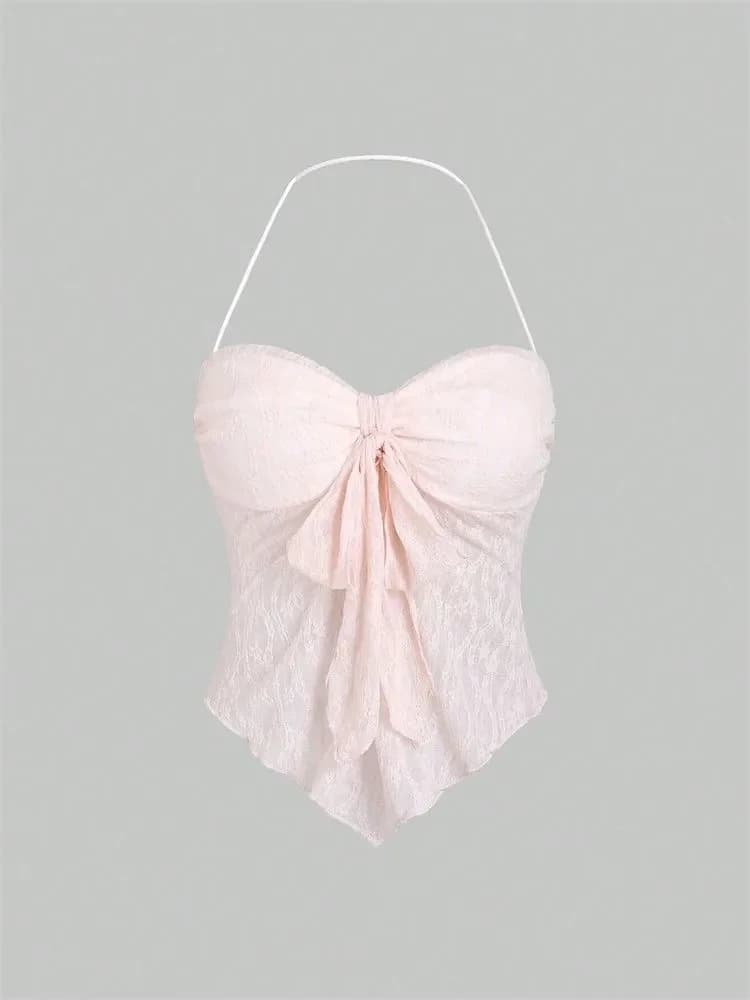 Haut à col licou en dentelle avec nœud papillon pour femmes, Sexy, motif Floral, épaules dénudées, d