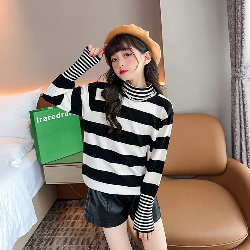 Pull à col roulé rayé pour enfants, tricots de rue, noir, blanc, rouge, pull pour filles, vêtements 