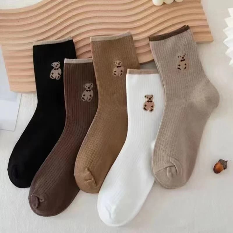 5 paires de chaussettes ours de dessin animé chaussettes en coton doux automne café bas Kawaii femme