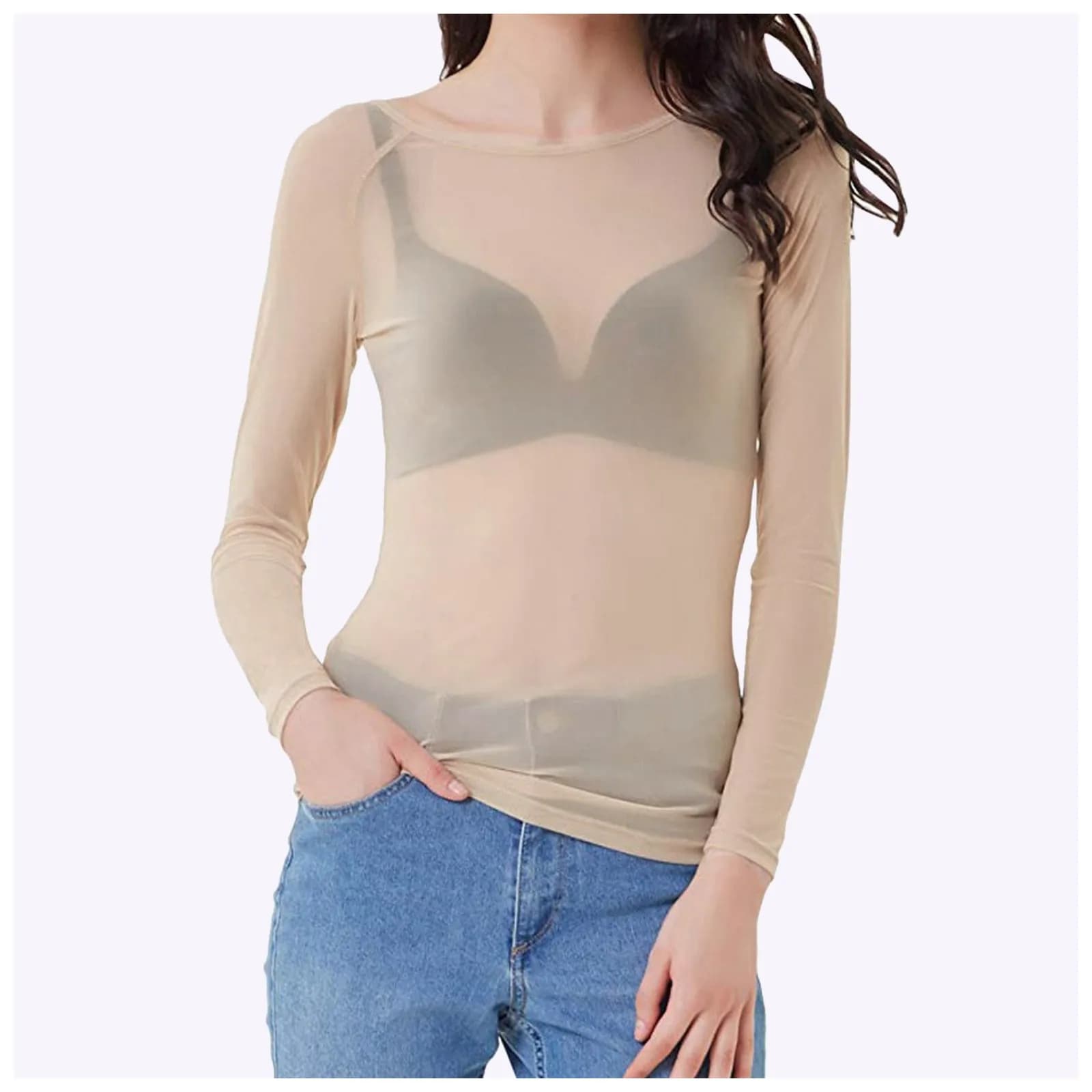 Maille voir à travers les chemises pour femmes à manches longues sans couture dessus de chemise et c