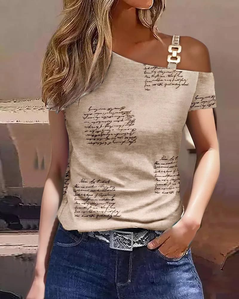 Haut asymétrique à une épaule pour femme, t-shirt à manches courtes colorblock avec détail chaîne mé