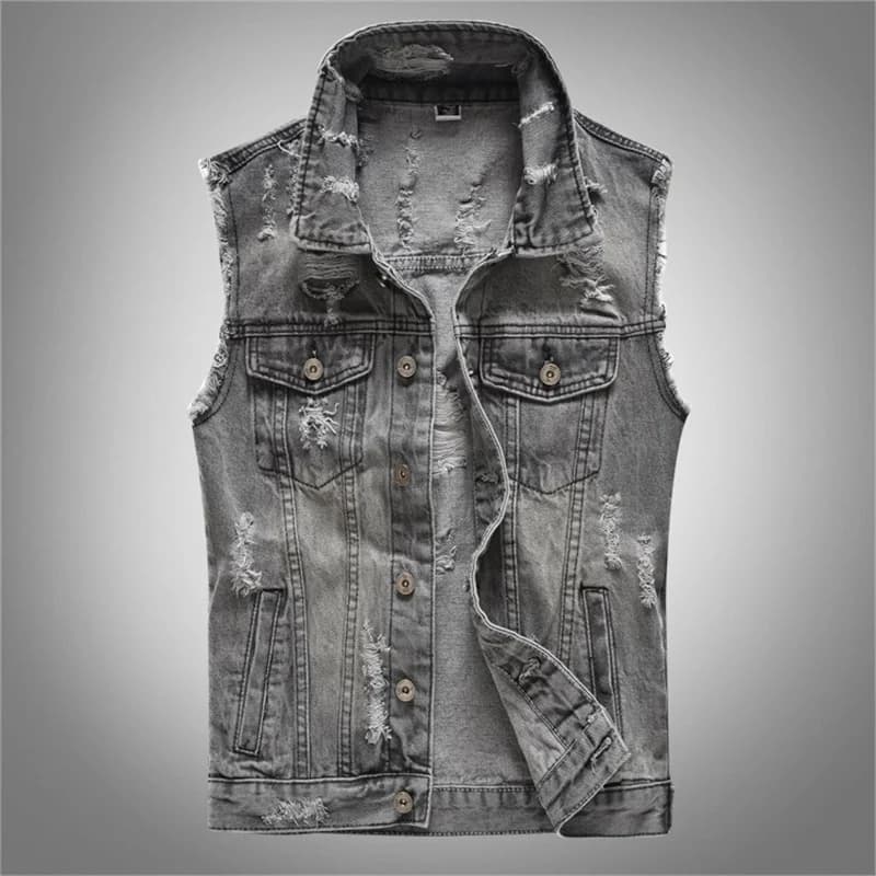 Gilet en jean déchiré gris pour homme – Veste sans manches style motard – Gilet de printemps populai