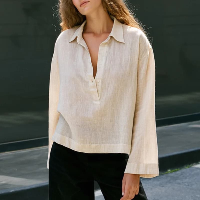 Chemise Femme 100% Lin à Col V Semi-Boutonné, Style Rétro, Nouvelle Collection Printemps, Manches Lo