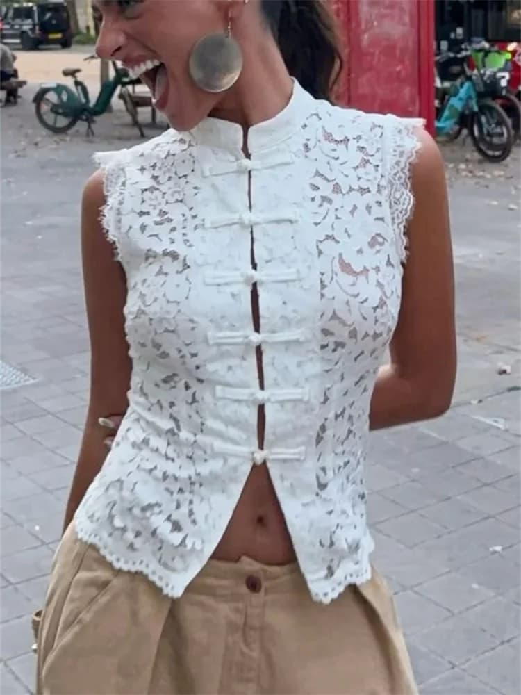 Gilet en dentelle sans manches sexy Y2K pour femmes, élégant, col haut, épaules dénudées, transparen