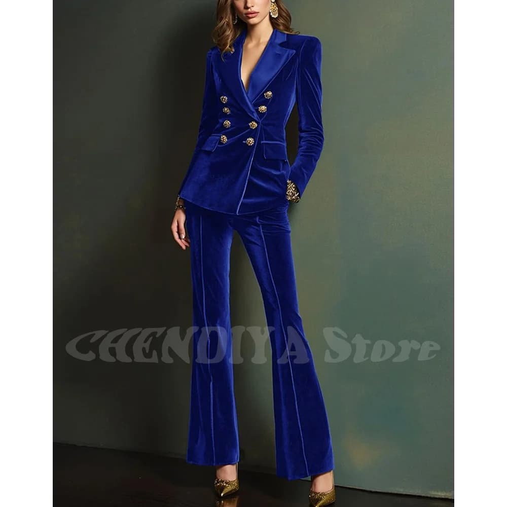Costume de luxe en velours bleu Royal pour femmes, tenue élégante à revers, Double boutonnage, nouve