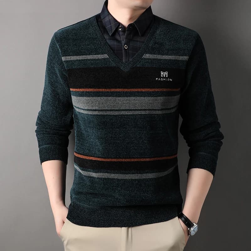 Pull épais pour hommes, pull d'hiver à col de chemise, pull en tricot rayé, tricot décontracté, pull